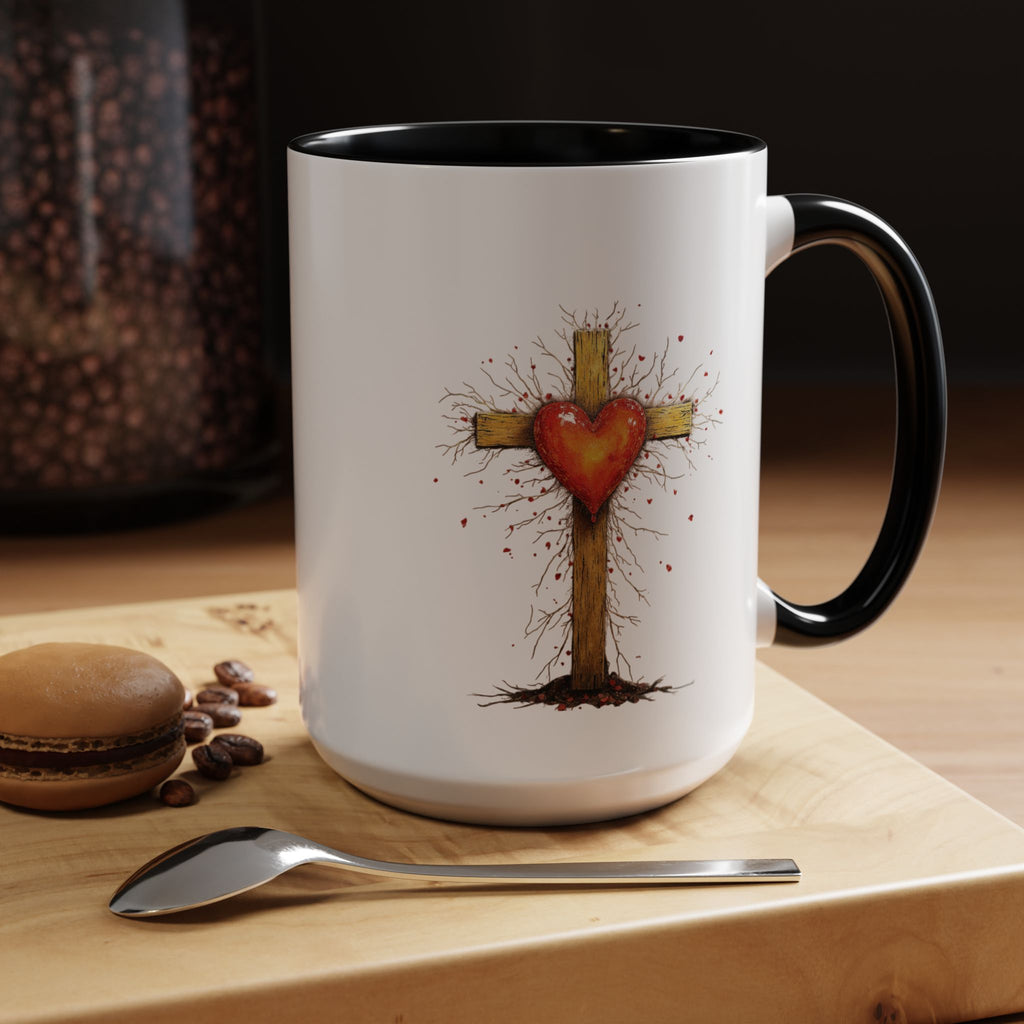 Christian Cross Heart Accent Coffee Mug — Faith Inspirational 11/15oz