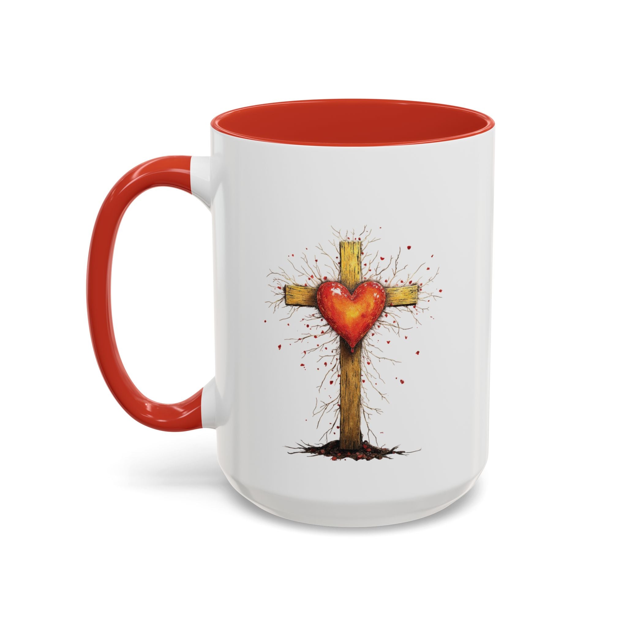 Christian Cross Heart Accent Coffee Mug — Faith Inspirational 11/15oz