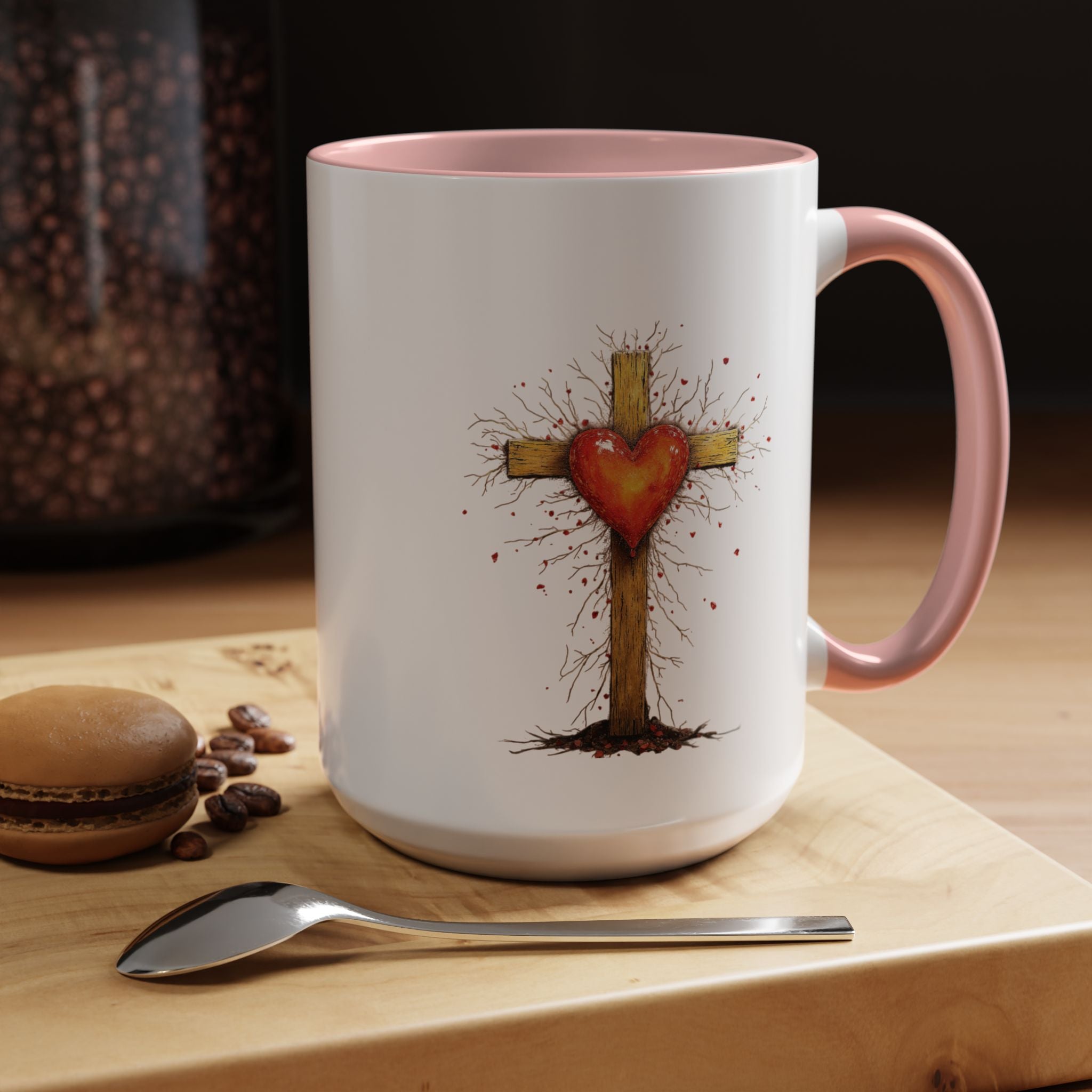 Christian Cross Heart Accent Coffee Mug — Faith Inspirational 11/15oz