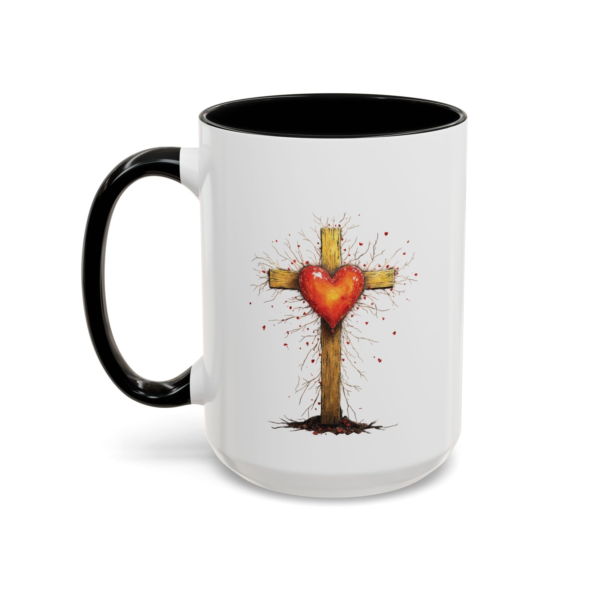 Christian Cross Heart Accent Coffee Mug — Faith Inspirational 11/15oz