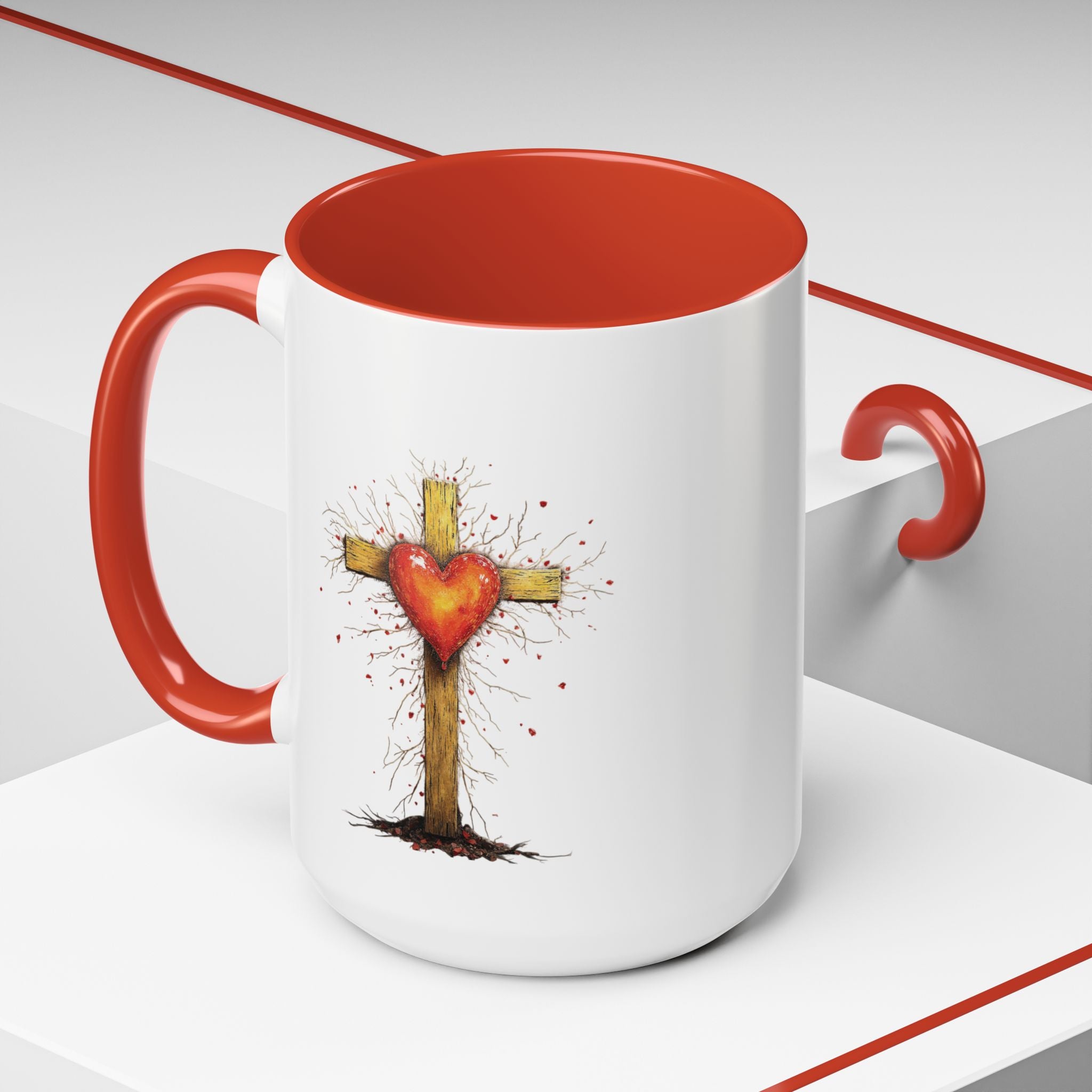 Christian Cross Heart Accent Coffee Mug — Faith Inspirational 11/15oz