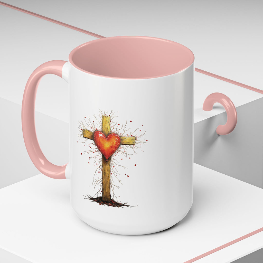 Christian Cross Heart Accent Coffee Mug — Faith Inspirational 11/15oz