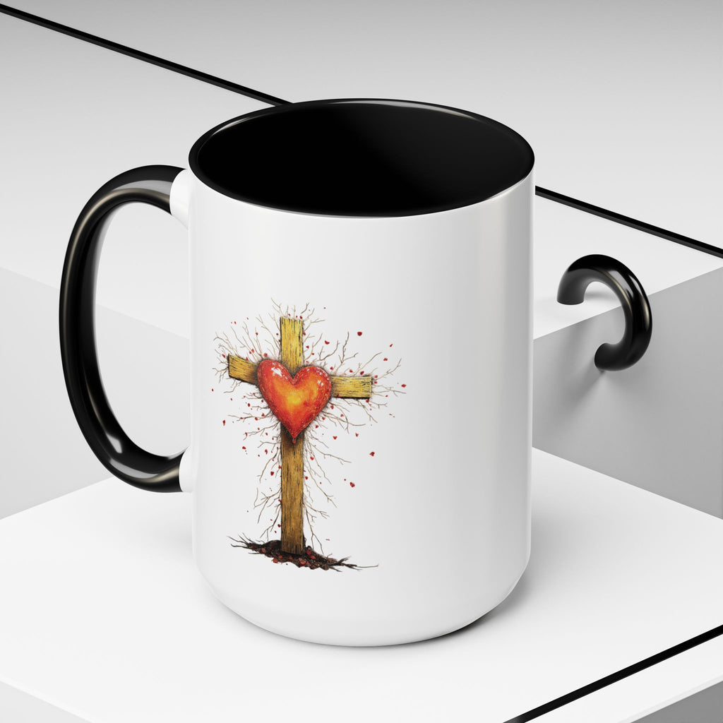 Christian Cross Heart Accent Coffee Mug — Faith Inspirational 11/15oz