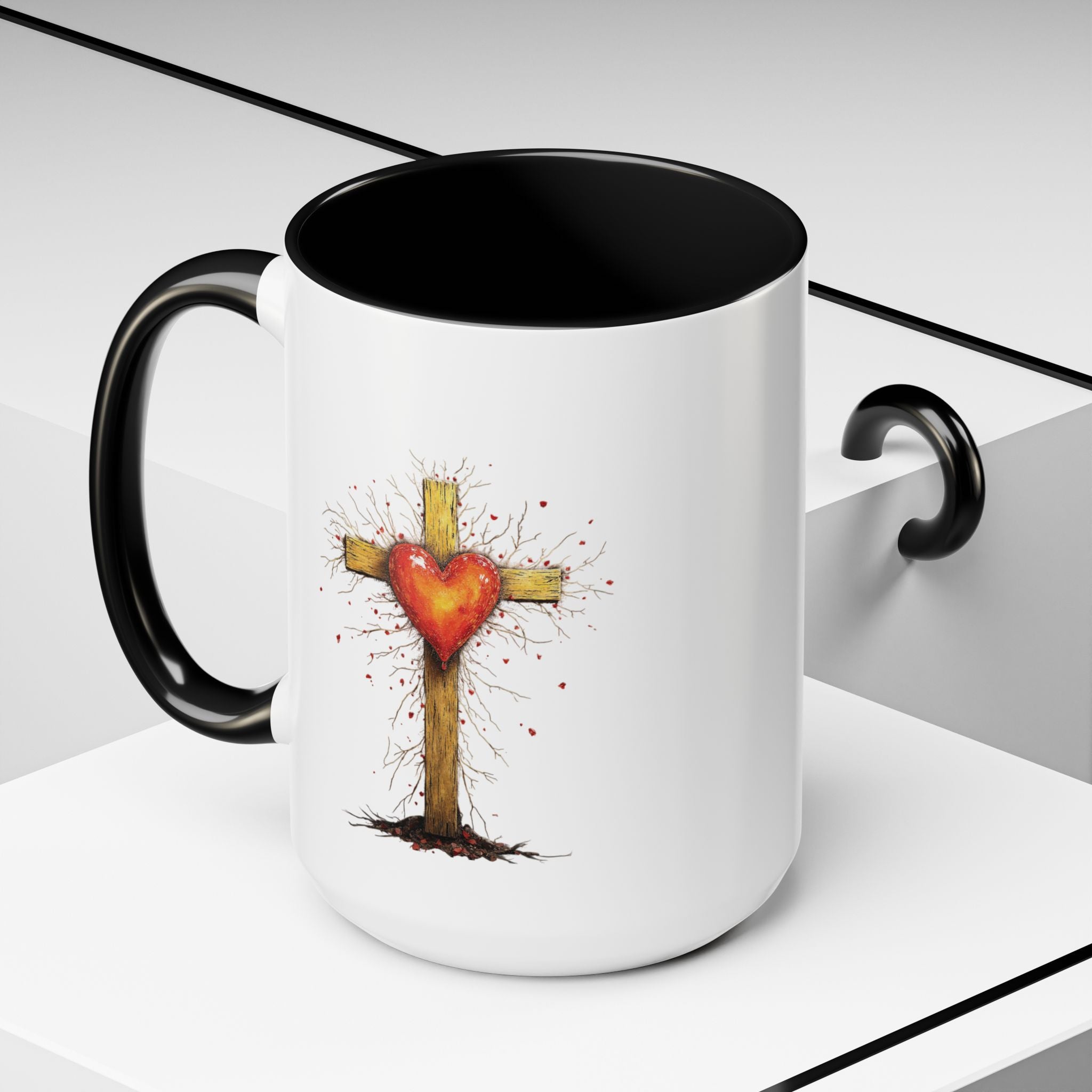 Christian Cross Heart Accent Coffee Mug — Faith Inspirational 11/15oz