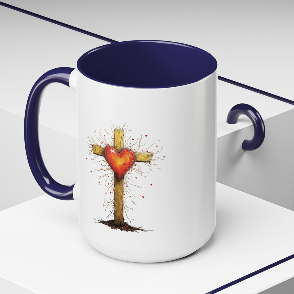 Christian Cross Heart Accent Coffee Mug — Faith Inspirational 11/15oz