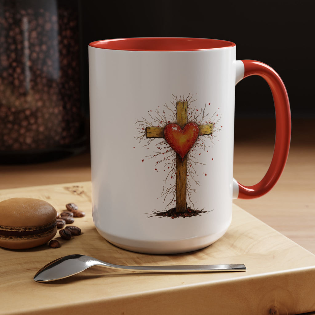 Christian Cross Heart Accent Coffee Mug — Faith Inspirational 11/15oz