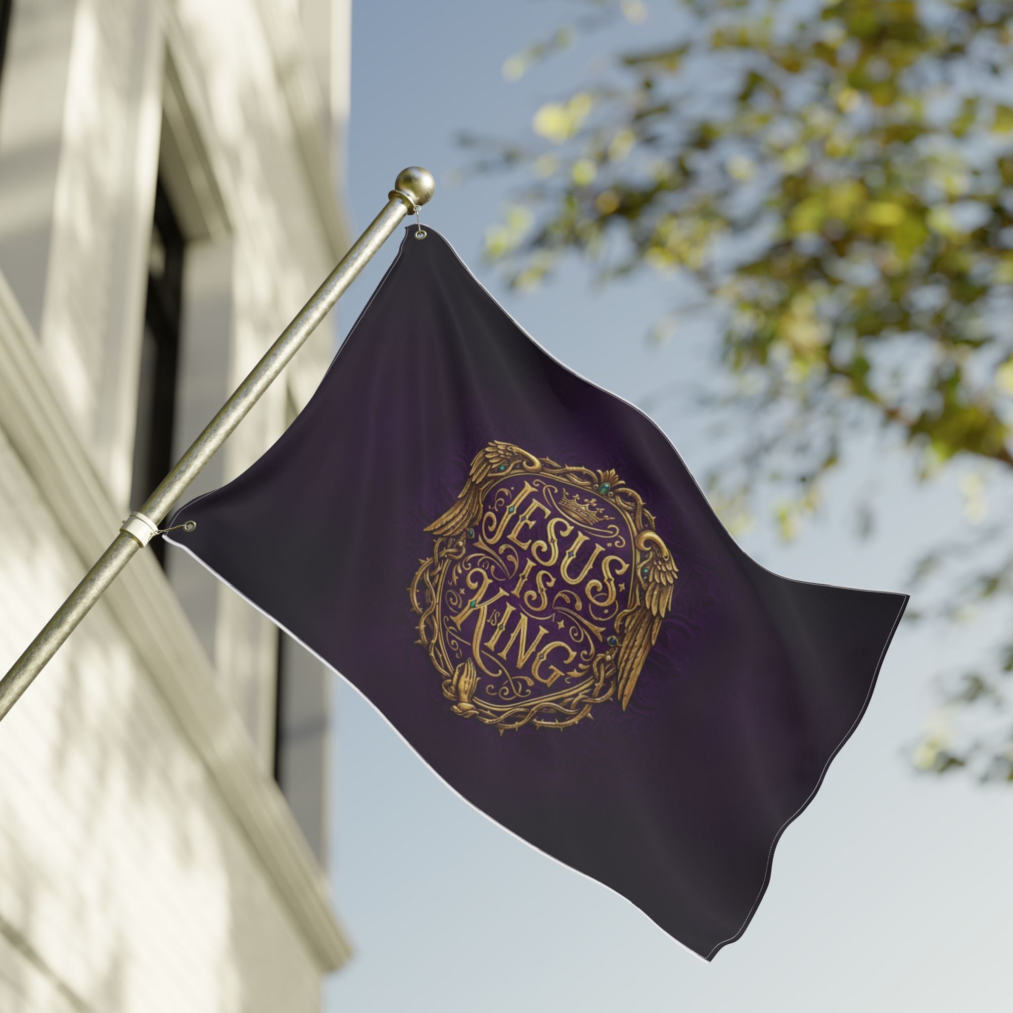 Jesus Is King flag purple | Double-sided Christian flag, faith home decor
