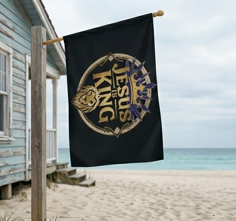 Jesus Is King Outdoor Flag with Rod Pocket | Lion Crown Faith Yard Banner