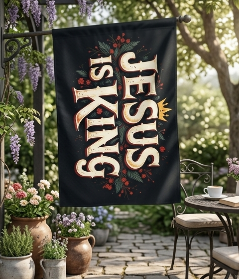 Jesus is King Outdoor Flag with Rod Pocket | Christian Scripture Decorative Garden Banner