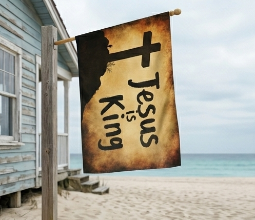 Jesus Is King Outdoor Flag with Rod Pocket | Christian Cross Yard Banner