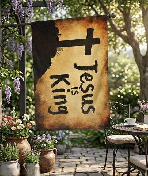 Jesus Is King Outdoor Flag with Rod Pocket | Christian Cross Yard Banner