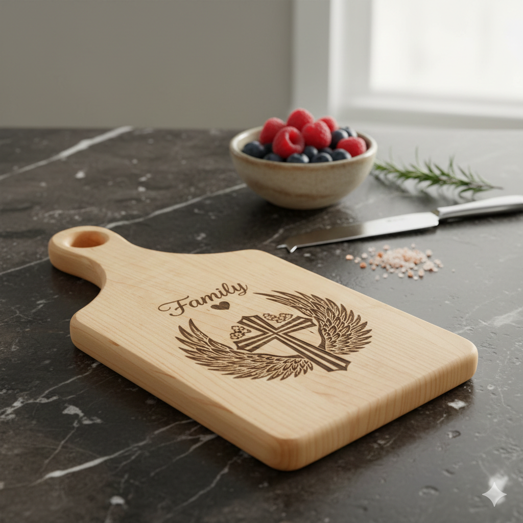 Cross and Wheat Wreath Wooden Cutting Board | Engraved Paddle Board