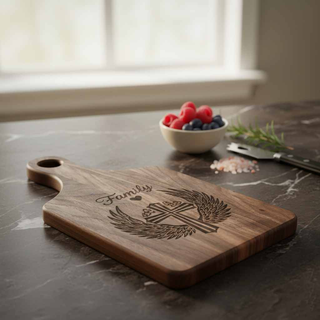Cross and Wheat Wreath Wooden Cutting Board | Engraved Paddle Board