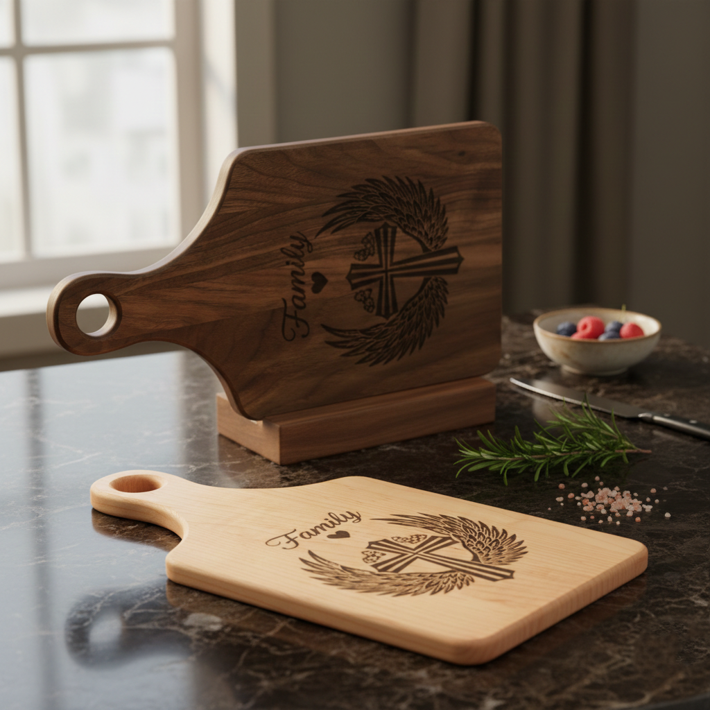Cross and Wheat Wreath Wooden Cutting Board | Engraved Paddle Board