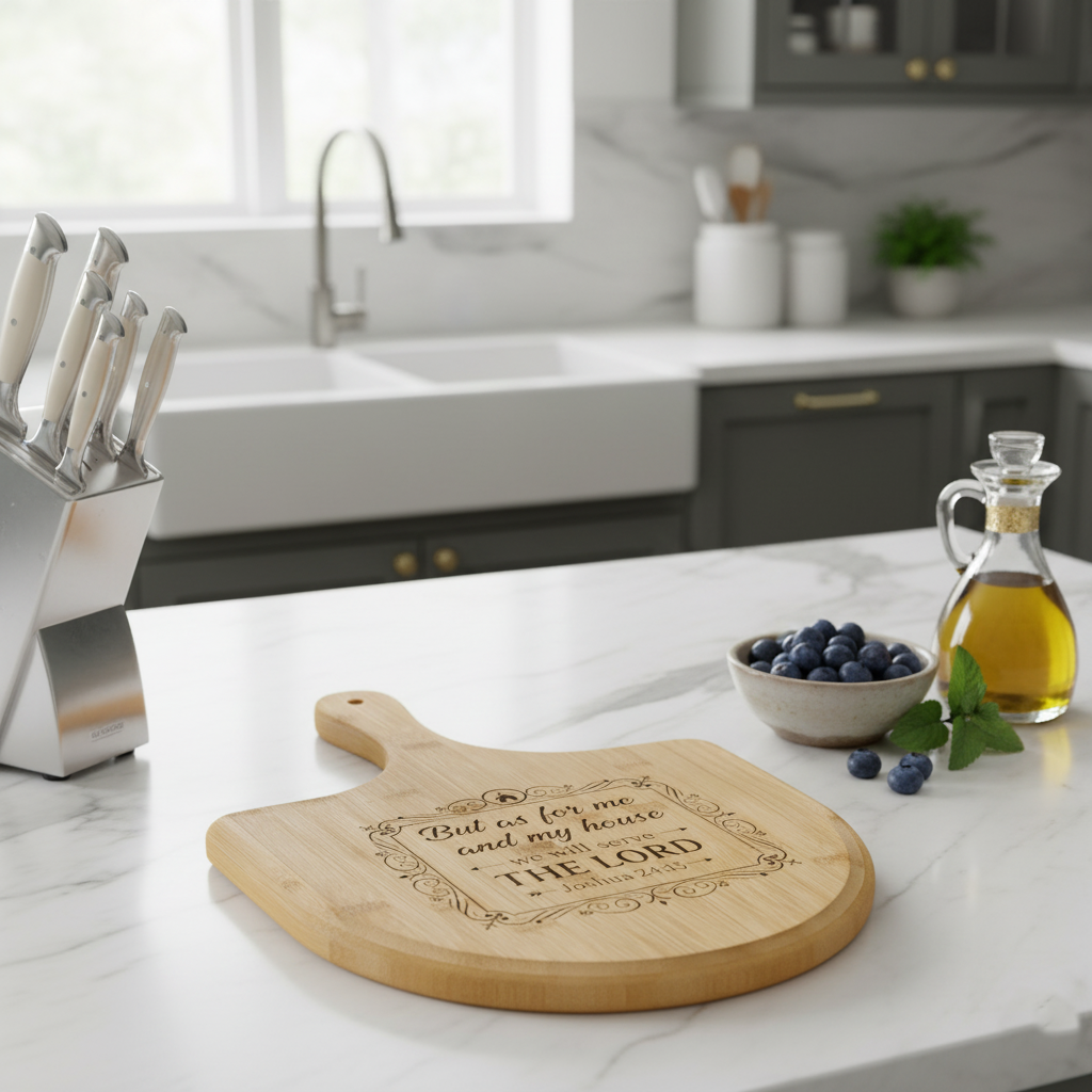 But As For Me And My House engraved Bamboo Pizza Board | Religious Scripture Serving Paddle