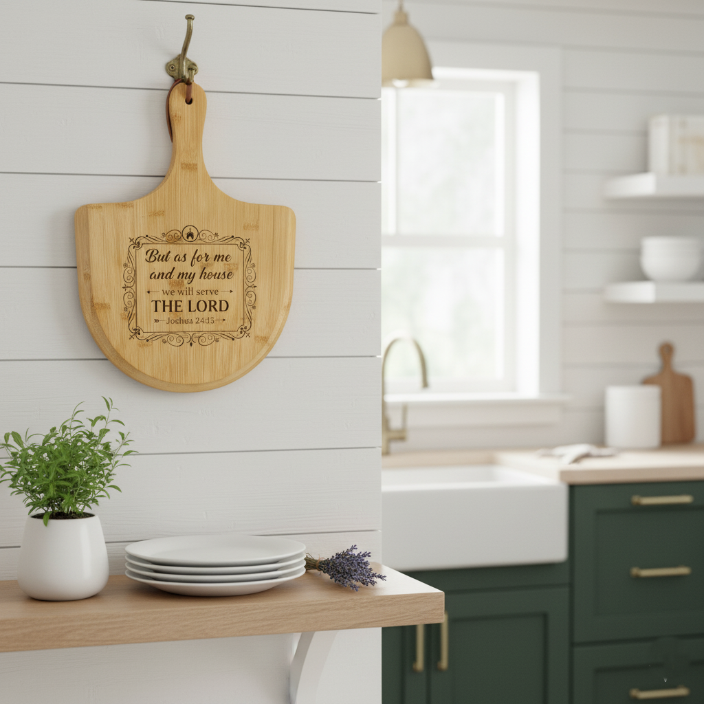But As For Me And My House engraved Bamboo Pizza Board | Religious Scripture Serving Paddle