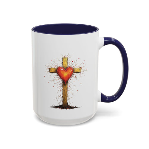 Christian Cross Heart Accent Coffee Mug — Faith Inspirational 11/15oz