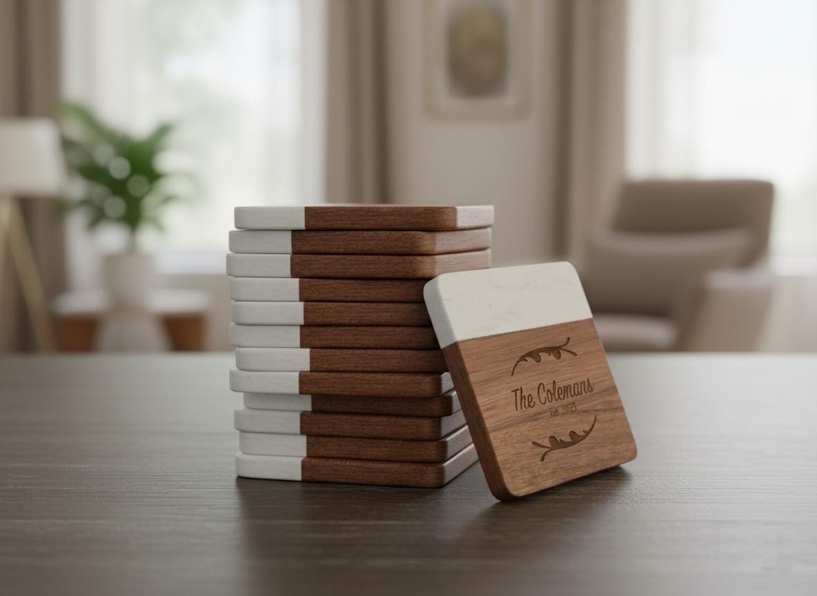 Engraved Marble Coasters, Personalized Gift for Wedding, Housewarming, Anniversary, Custom Laser Engraved Marble and Wood Coasters