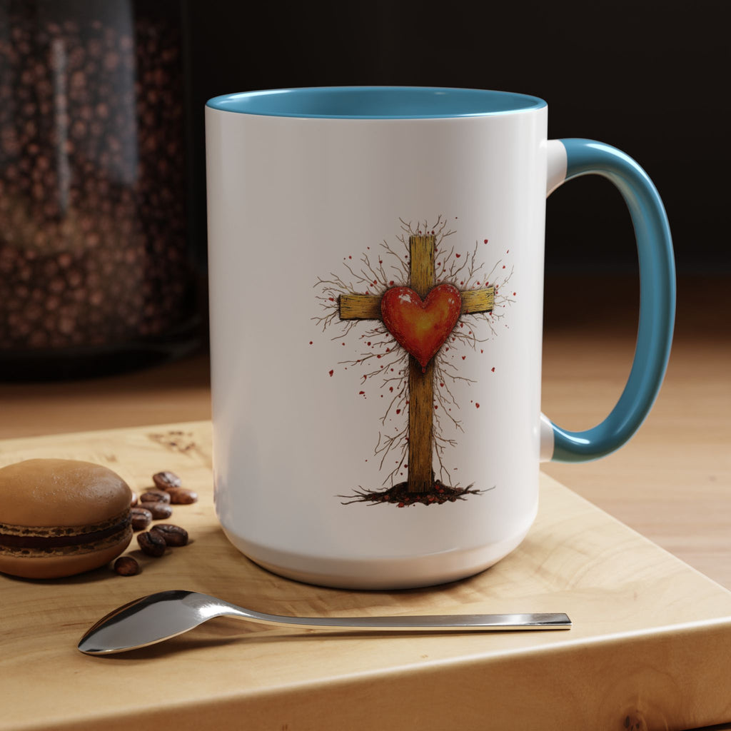 Christian Cross Heart Accent Coffee Mug — Faith Inspirational 11/15oz