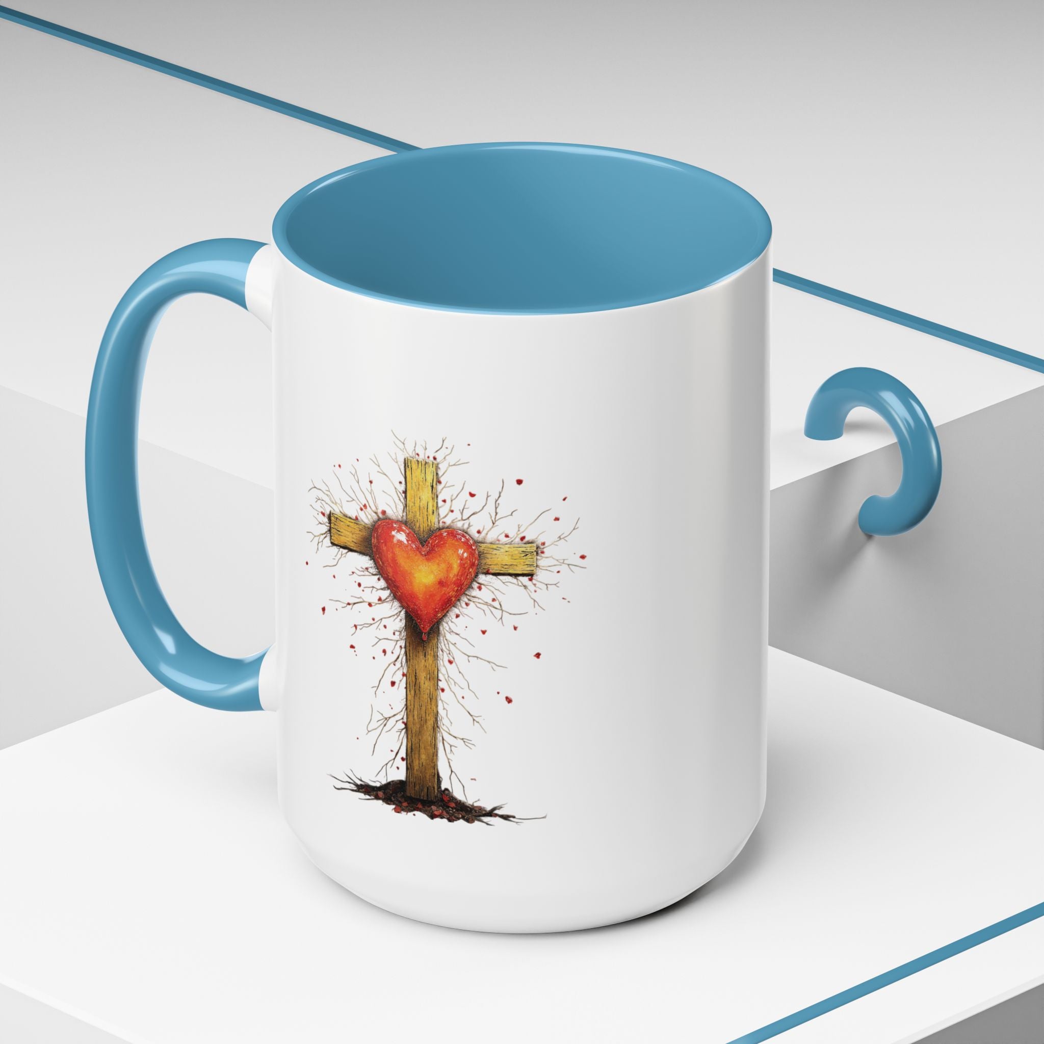 Christian Cross Heart Accent Coffee Mug — Faith Inspirational 11/15oz