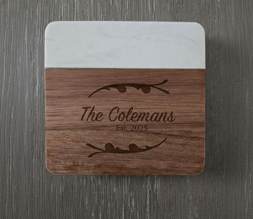 Engraved Marble Coasters, Personalized Gift for Wedding, Housewarming, Anniversary, Custom Laser Engraved Marble and Wood Coasters