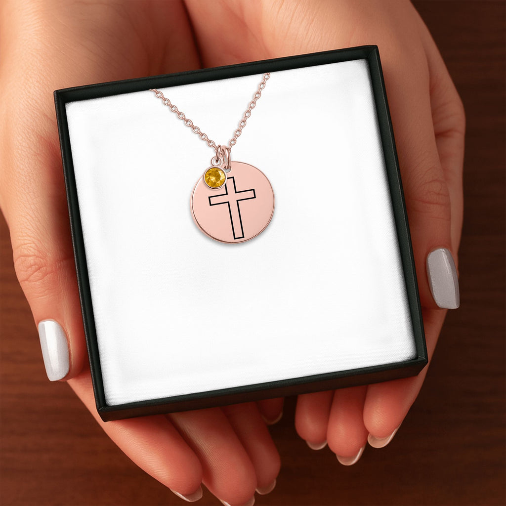 Cross Coin Necklace with Birthstone