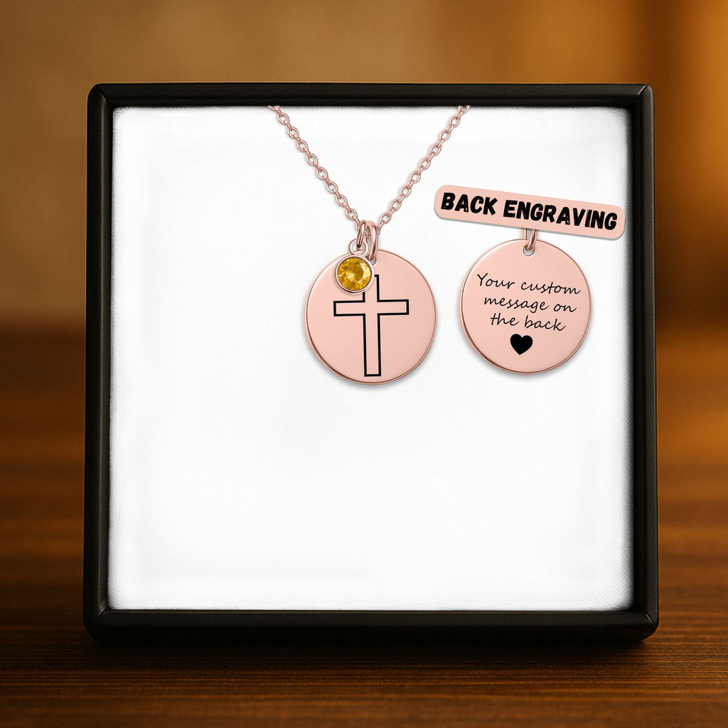 Cross Coin Necklace with Birthstone